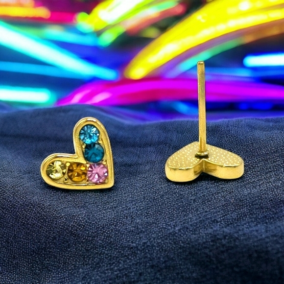 🆕️ Colorful Heart Stud 18K Gold Plated Stainless Steel Dainty Cute Earrings - Picture 3 of 11
